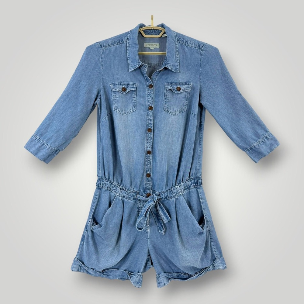 Stetson Romper Womens M Blue Chambray Lyocell Western Drawstring Shorts